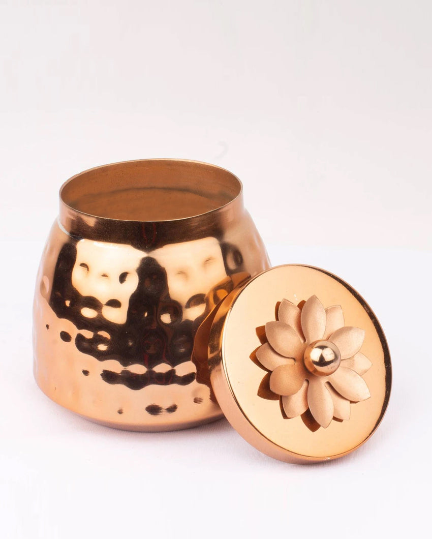 Hammered Metal Jar with Flower Top LID | 350 ml | Set of 2 Copper