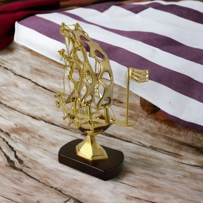 Perfect Decoration Brass Ship with Wooden Base Showpiece | 7 x 3 x 9 inches