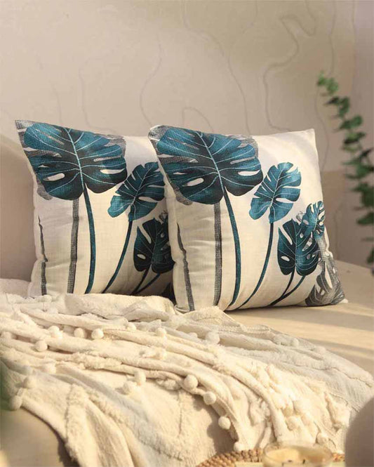Big Leafs Printed Design Cushion Covers | Set of 2 | 16 X 16 Inches
