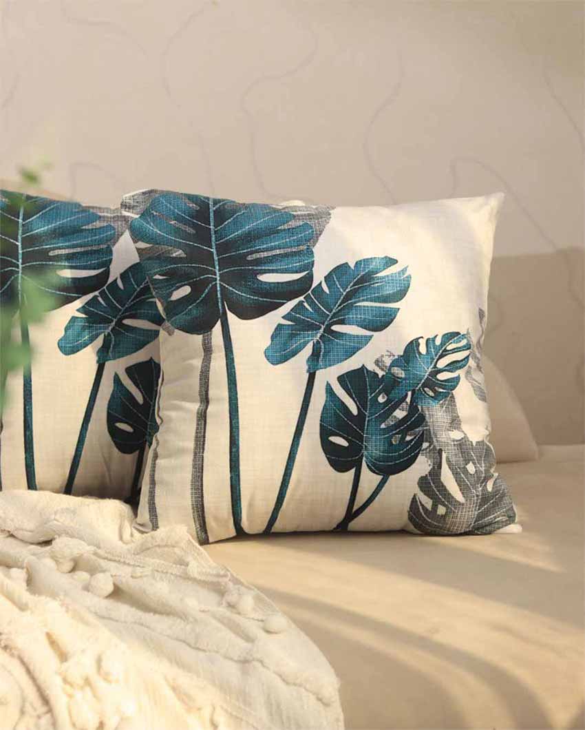 Big Leafs Printed Design Cushion Covers | Set of 2 | 16 X 16 Inches