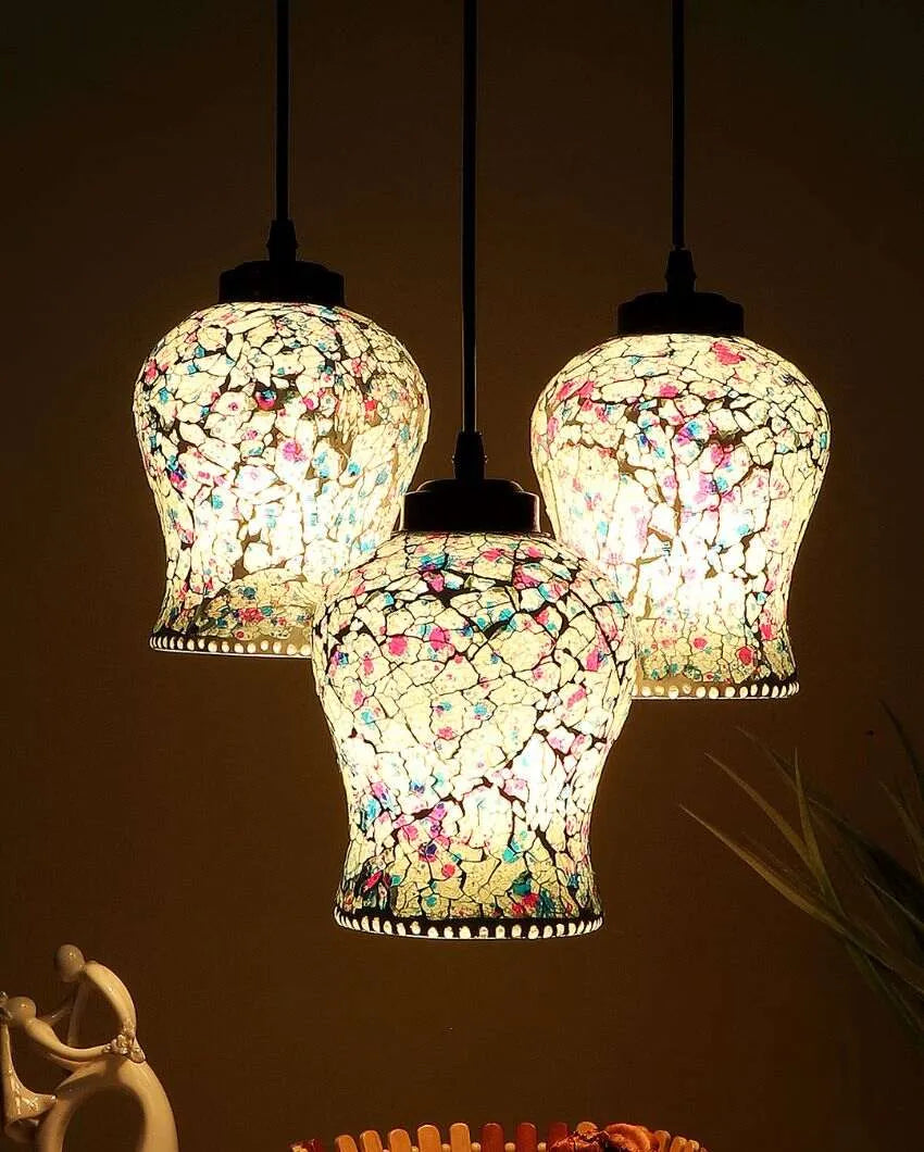 Colorful Crystal Stone Design Mosaic Glass Three Hanging Lamps | 10 x 20 inches