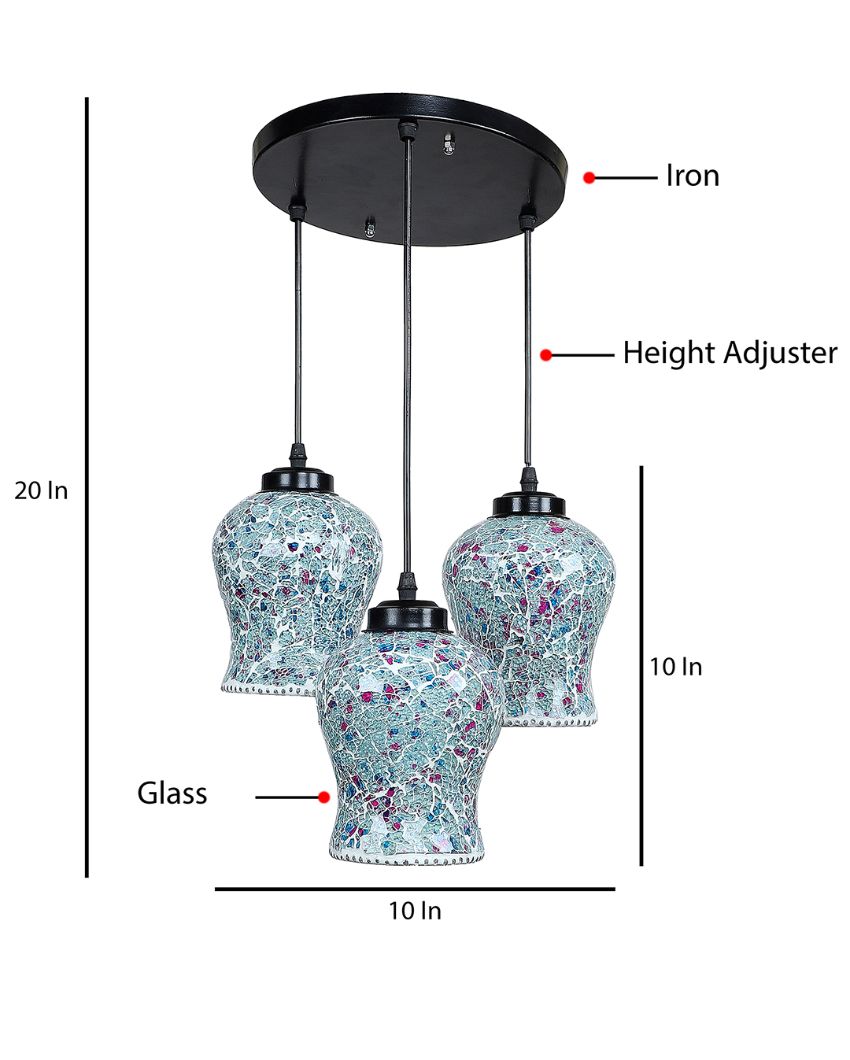 Colorful Crystal Stone Design Mosaic Glass Three Hanging Lamps | 10 x 20 inches