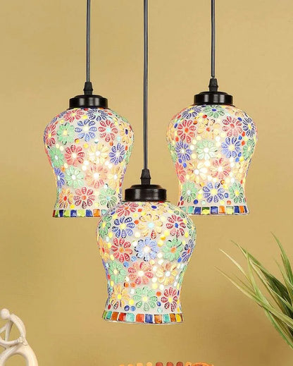 Colorful Little Florals Mosaic Glass Three Hanging Lamps | 10 x 20 inches