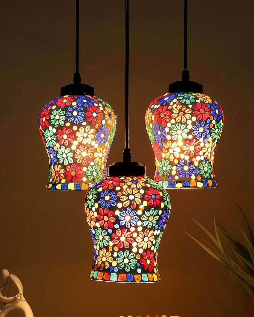 Colorful Little Florals Mosaic Glass Three Hanging Lamps | 10 x 20 inches