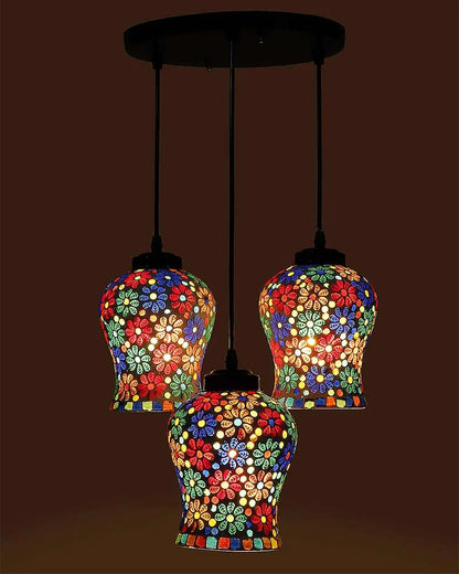 Colorful Little Florals Mosaic Glass Three Hanging Lamps | 10 x 20 inches