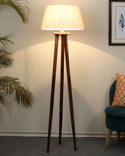 Premium Styling Mango Wood Base Floor Lamp with  Cotton Shade | Bulb Not Included | 14 x 14 x 58 inches