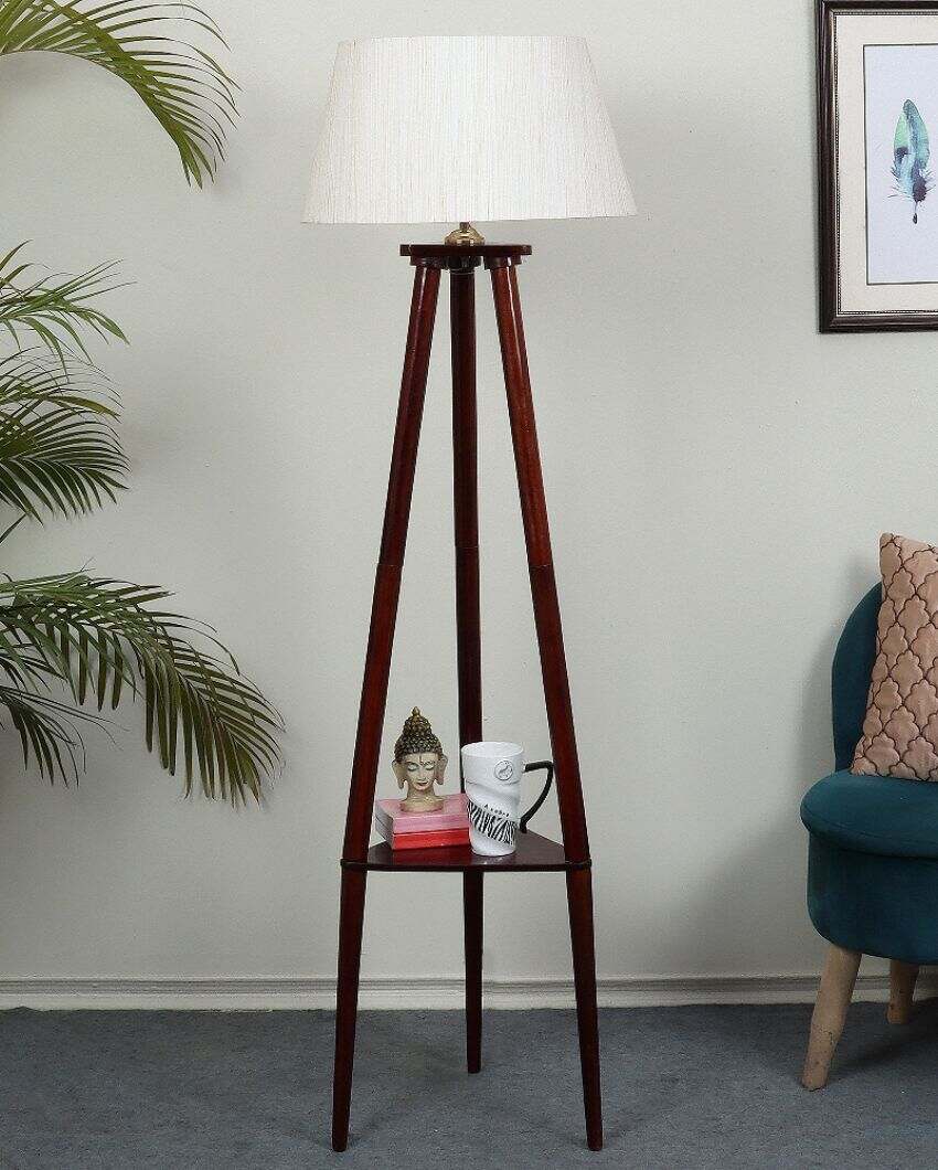 Stylish Mango Wood Base Floor Lamp with Cotton Satin Mix Shade | Bulb Not Included | 14 x 14 x 60 inches