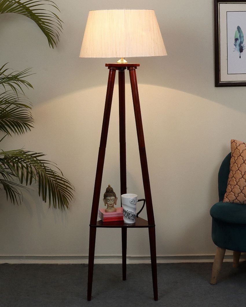 Stylish Mango Wood Base Floor Lamp with Cotton Satin Mix Shade | Bulb Not Included | 14 x 14 x 60 inches