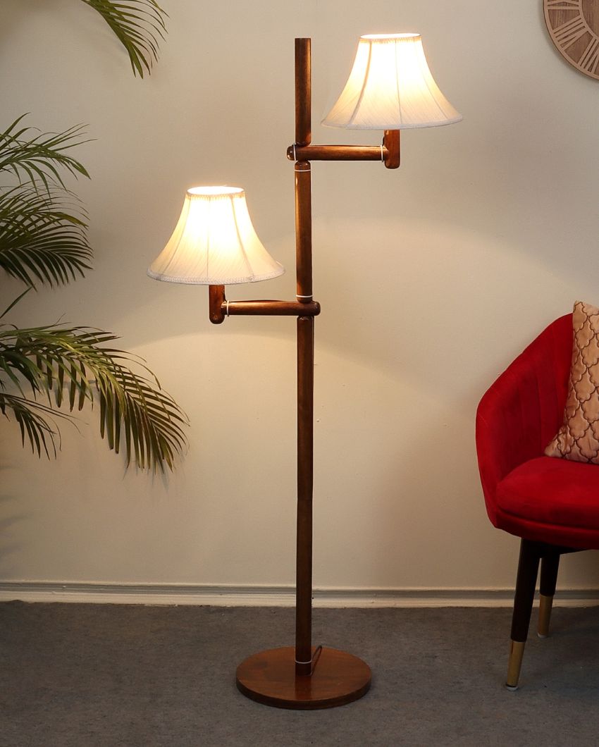 Aesthetic Mango Wood Base Floor Lamp with Cotton Dual Shade | Bulb Not Included | 21 x 21 x 57 inches