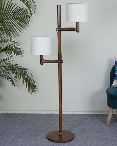 Rustic Warmth Mango Wood Base Floor Lamp with Cotton Dual Shade | Bulb Not Included | 18 x 18 x 57 inches