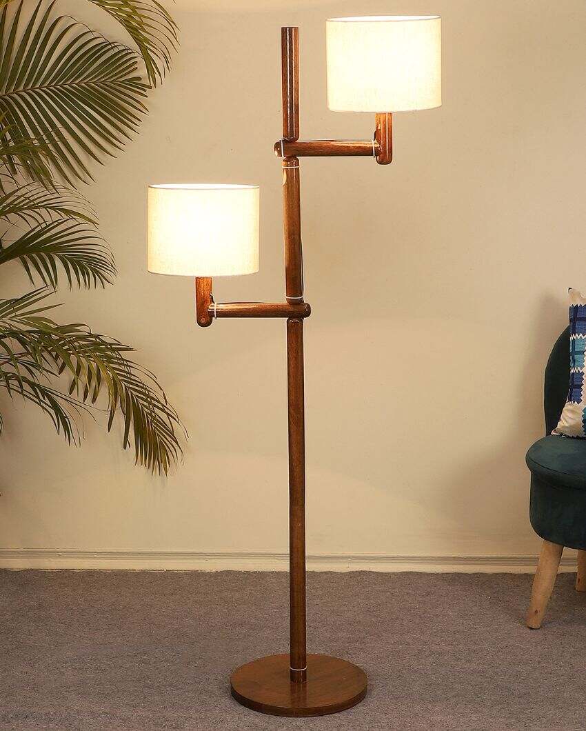 Rustic Warmth Mango Wood Base Floor Lamp with Cotton Dual Shade | Bulb Not Included | 18 x 18 x 57 inches