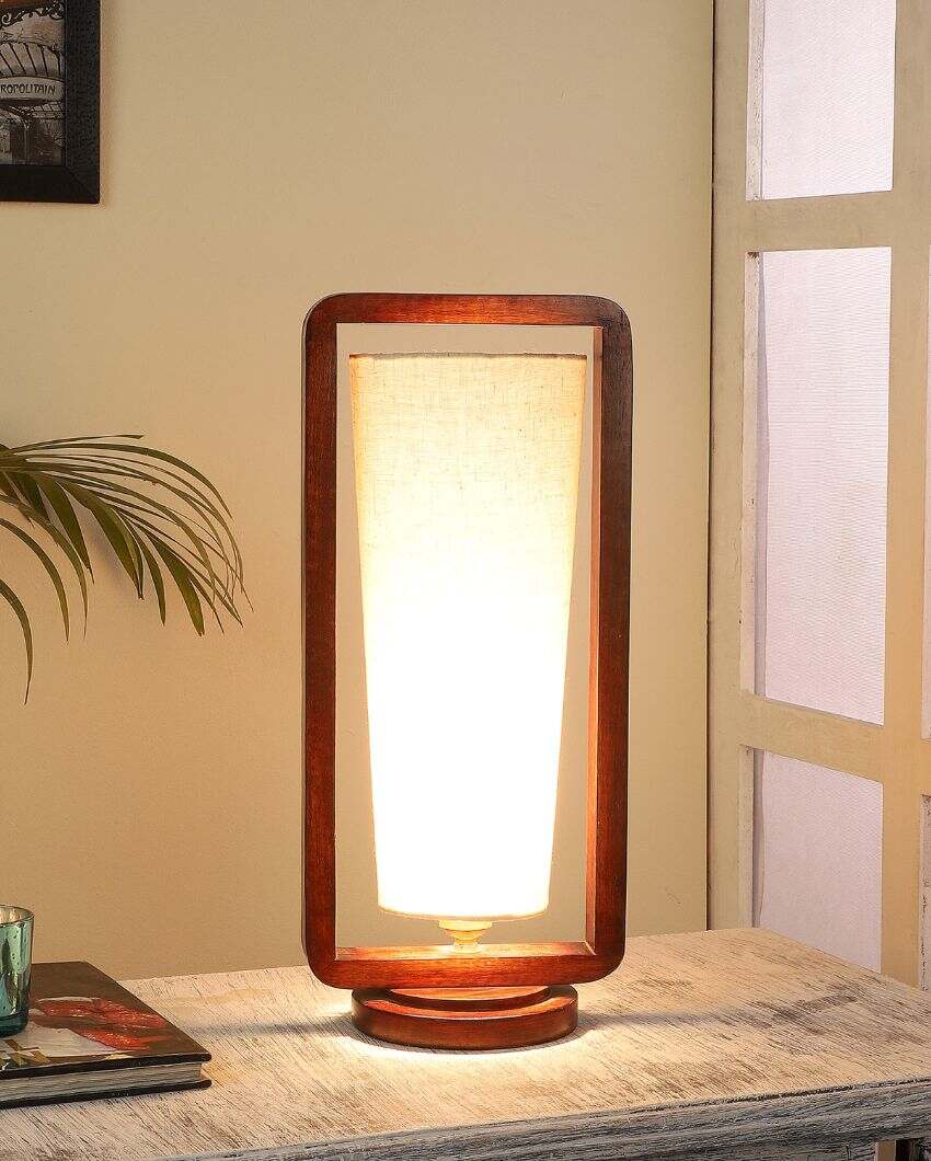 Attention-grabbing Mango Wood Base Table Lamp with Cotton Shade | Bulb Not Included | 5 x 7 x 16 inches