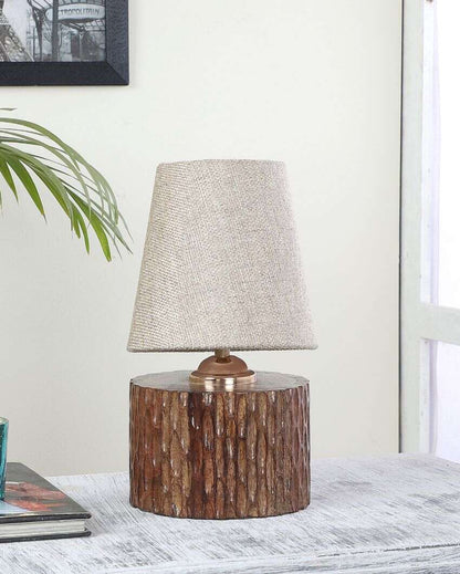 Vibrant Mango Wood Base Table Lamp with Cotton Shade | Bulb Not Included | 6 x 6 x 11 inches