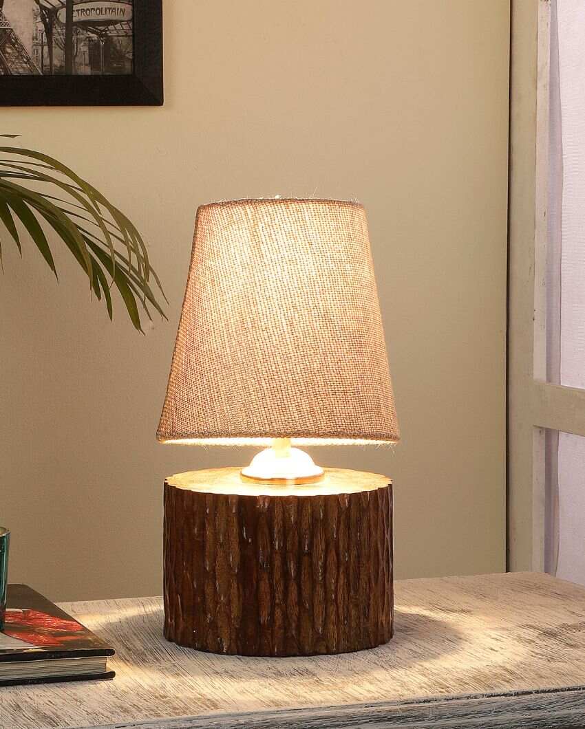 Vibrant Mango Wood Base Table Lamp with Cotton Shade | Bulb Not Included | 6 x 6 x 11 inches