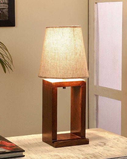 Luxury Design Mango Wood Base Table Lamp with Cotton Shade | Bulb Not Included | 6 x 6 x 14 inches