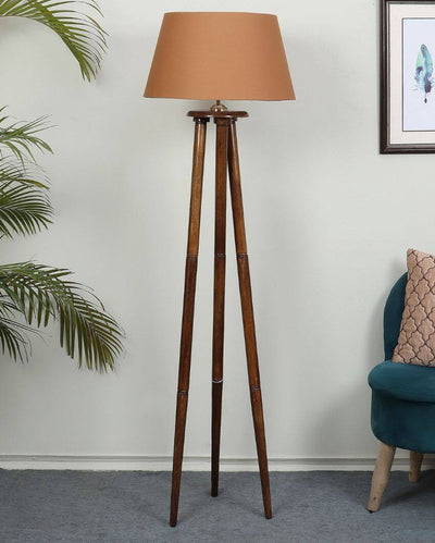 Luxury Tripod Design Mango Wood Base Floor Lamp with Cotton Shade | Bulb Not Included | 14 x 14 x 60 inches