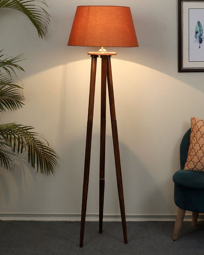 Luxury Tripod Design Mango Wood Base Floor Lamp with Cotton Shade | Bulb Not Included | 14 x 14 x 60 inches