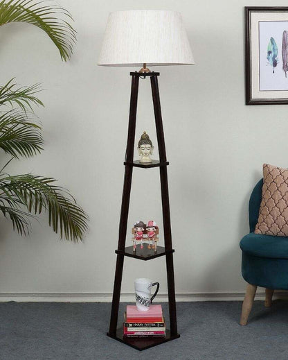 Heritage Charm Mango Wood Base Floor Lamp with Cotton Shade | Bulb Not Included | 14 x 14 x 60 inches