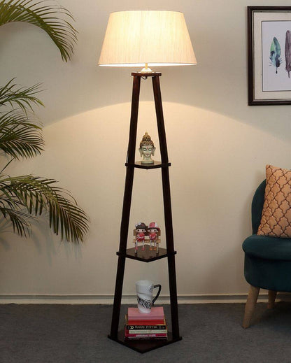 Heritage Charm Mango Wood Base Floor Lamp with Cotton Shade | Bulb Not Included | 14 x 14 x 60 inches