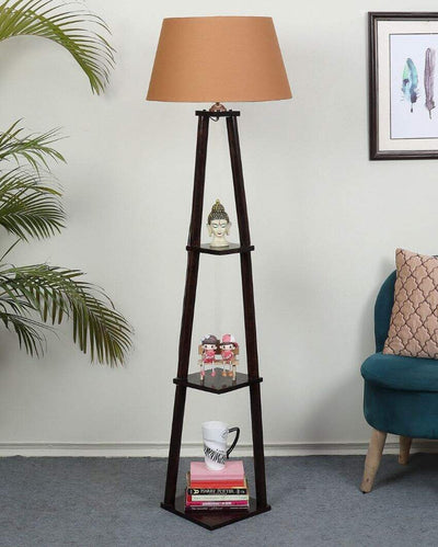 Three Tier Shelf Mango Wood Base Floor Lamp with Cotton Shade | Bulb Not Included | 14 x 14 x 60 inches