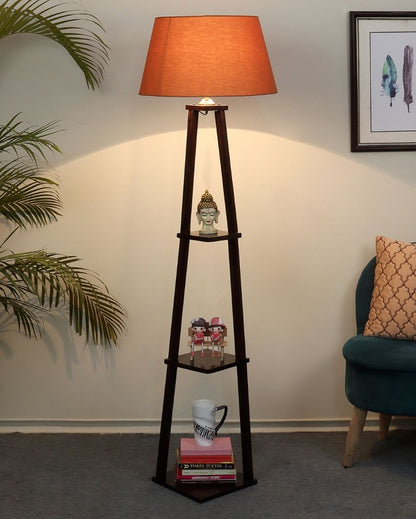 Three Tier Shelf Mango Wood Base Floor Lamp with Cotton Shade | Bulb Not Included | 14 x 14 x 60 inches
