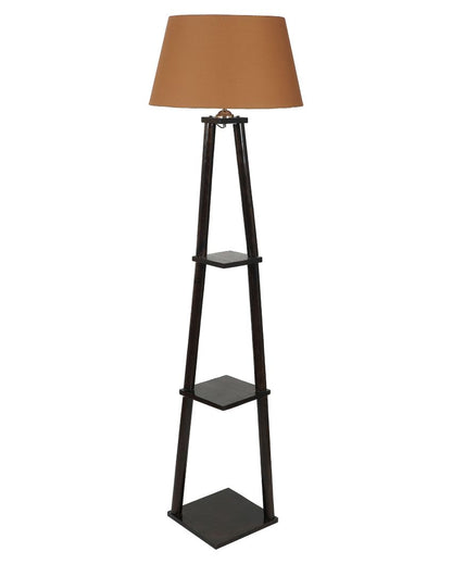 Three Tier Shelf Mango Wood Base Floor Lamp with Cotton Shade | Bulb Not Included | 14 x 14 x 60 inches