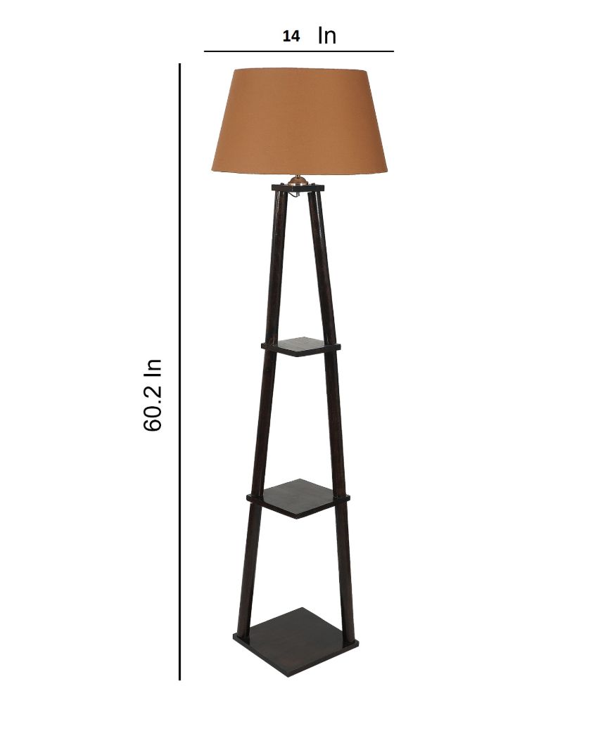 Three Tier Shelf Mango Wood Base Floor Lamp with Cotton Shade | Bulb Not Included | 14 x 14 x 60 inches
