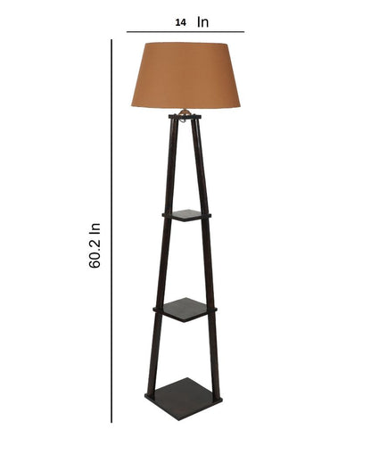 Three Tier Shelf Mango Wood Base Floor Lamp with Cotton Shade | Bulb Not Included | 14 x 14 x 60 inches