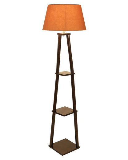 Three Tier Shelf Mango Wood Base Floor Lamp with Cotton Shade | Bulb Not Included | 14 x 14 x 60 inches