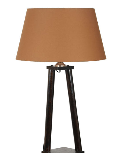 Three Tier Shelf Mango Wood Base Floor Lamp with Cotton Shade | Bulb Not Included | 14 x 14 x 60 inches