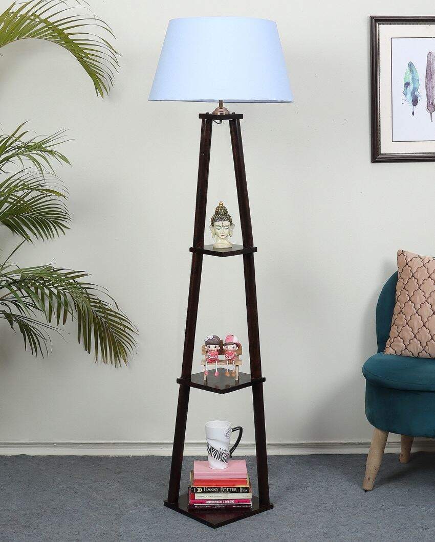 Three Tier Shelf Mango Wood Base Floor Lamp with Cotton Shade | Bulb Not Included | 14 x 14 x 60 inches