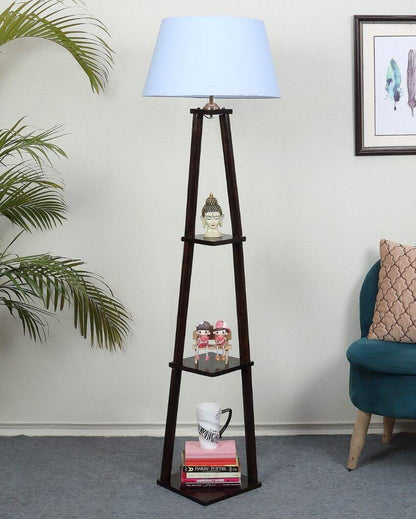 Three Tier Shelf Mango Wood Base Floor Lamp with Cotton Shade | Bulb Not Included | 14 x 14 x 60 inches