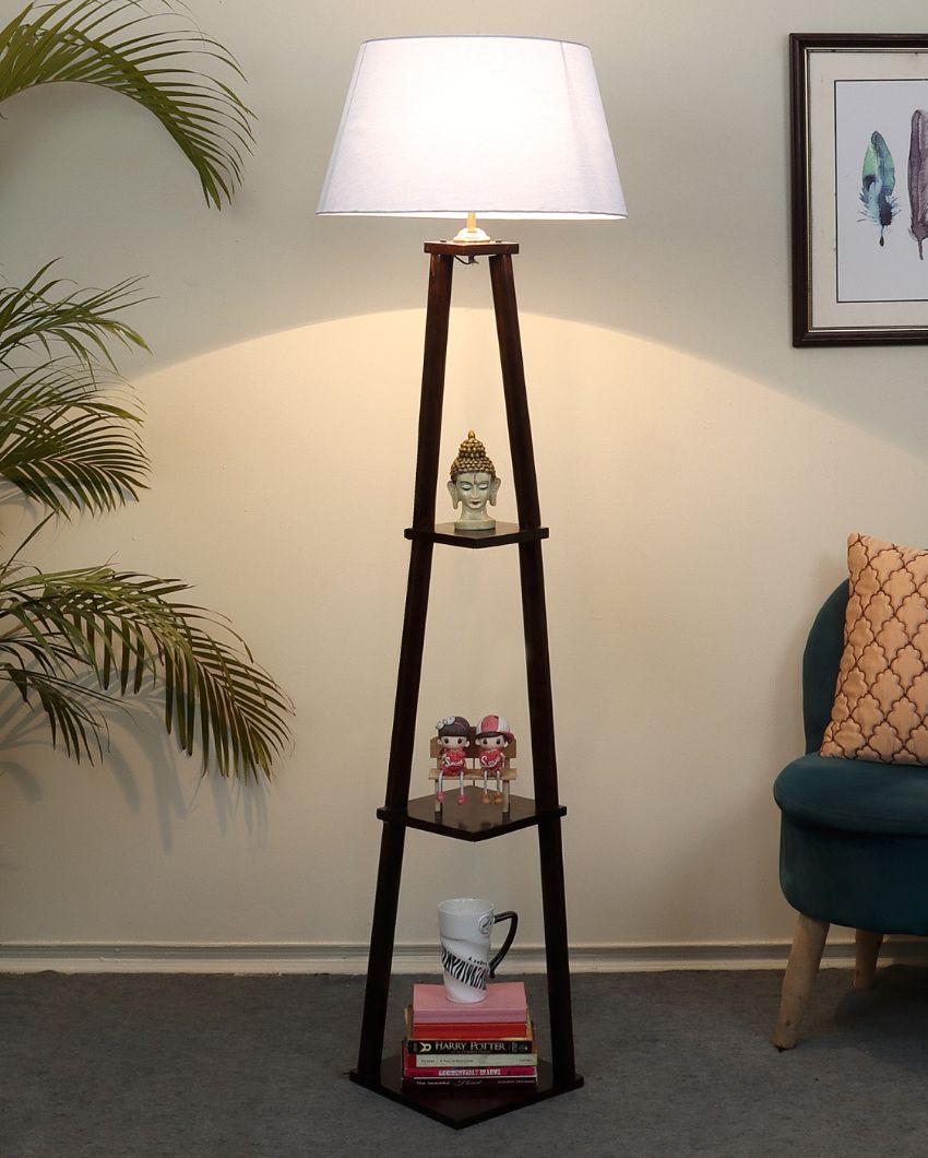 Three Tier Shelf Mango Wood Base Floor Lamp with Cotton Shade | Bulb Not Included | 14 x 14 x 60 inches