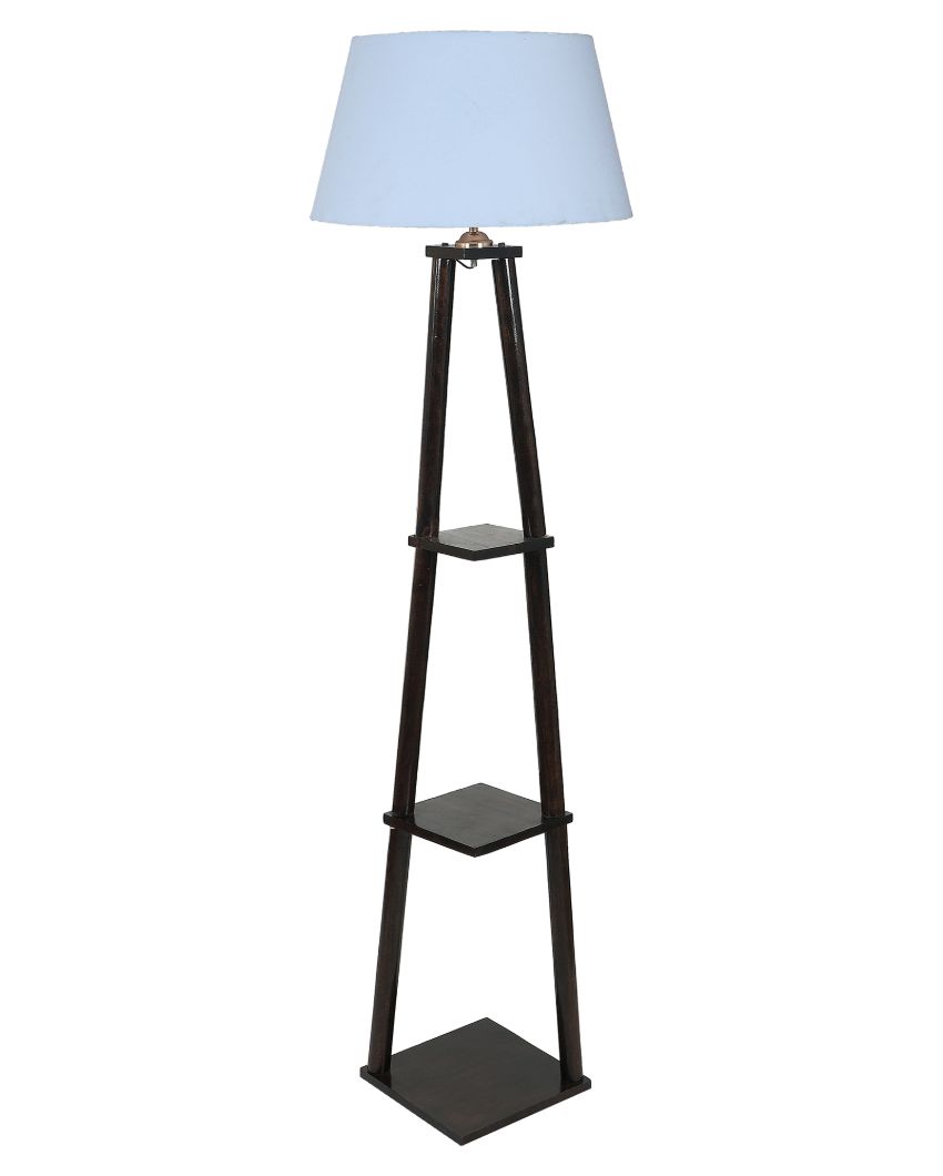 Three Tier Shelf Mango Wood Base Floor Lamp with Cotton Shade | Bulb Not Included | 14 x 14 x 60 inches