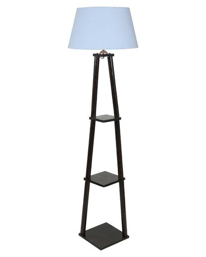Three Tier Shelf Mango Wood Base Floor Lamp with Cotton Shade | Bulb Not Included | 14 x 14 x 60 inches