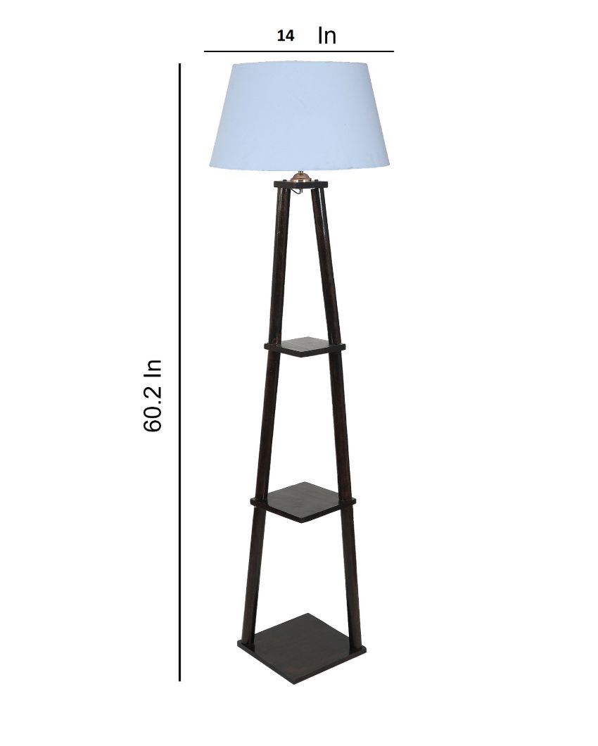 Three Tier Shelf Mango Wood Base Floor Lamp with Cotton Shade | Bulb Not Included | 14 x 14 x 60 inches