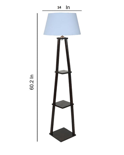 Three Tier Shelf Mango Wood Base Floor Lamp with Cotton Shade | Bulb Not Included | 14 x 14 x 60 inches