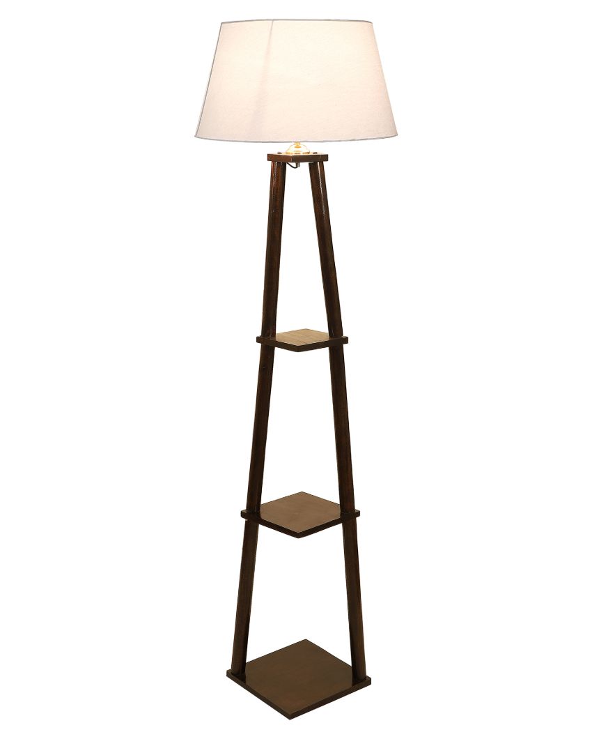 Three Tier Shelf Mango Wood Base Floor Lamp with Cotton Shade | Bulb Not Included | 14 x 14 x 60 inches