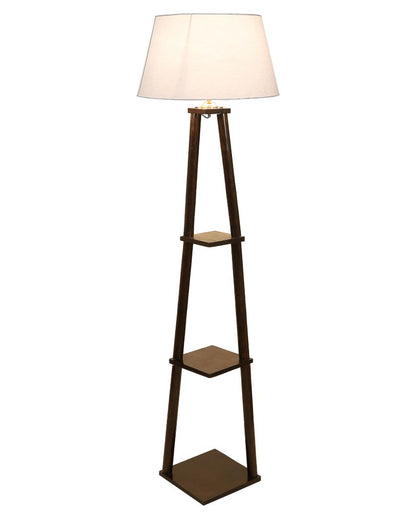 Three Tier Shelf Mango Wood Base Floor Lamp with Cotton Shade | Bulb Not Included | 14 x 14 x 60 inches