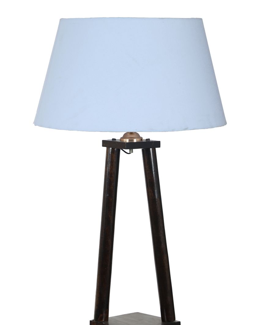 Three Tier Shelf Mango Wood Base Floor Lamp with Cotton Shade | Bulb Not Included | 14 x 14 x 60 inches