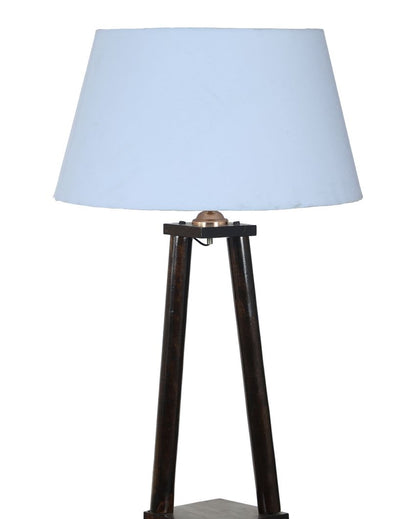 Three Tier Shelf Mango Wood Base Floor Lamp with Cotton Shade | Bulb Not Included | 14 x 14 x 60 inches