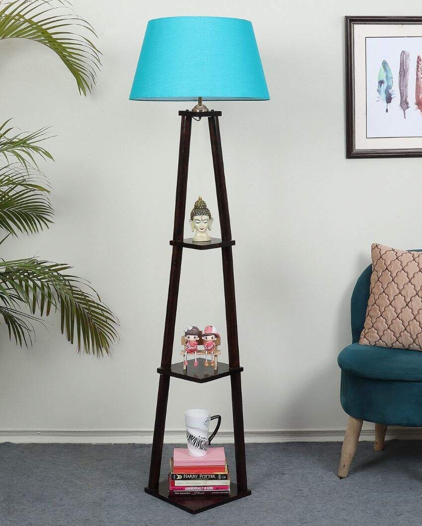 Three Tier Shelf Mango Wood Base Floor Lamp with Cotton Shade | Bulb Not Included | 14 x 14 x 60 inches