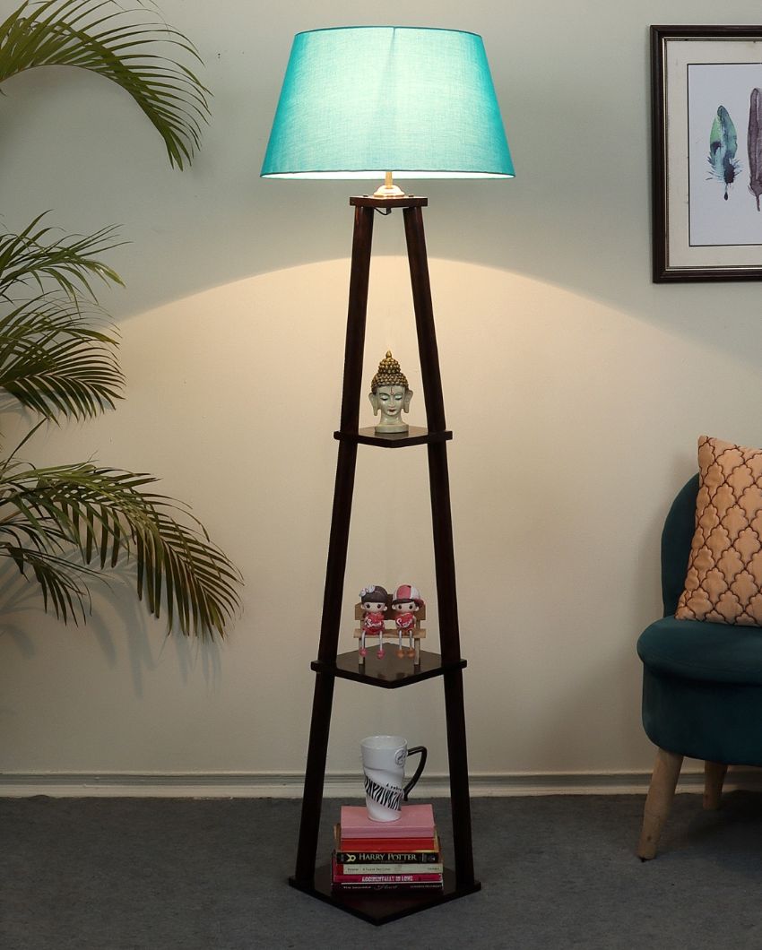 Three Tier Shelf Mango Wood Base Floor Lamp with Cotton Shade | Bulb Not Included | 14 x 14 x 60 inches