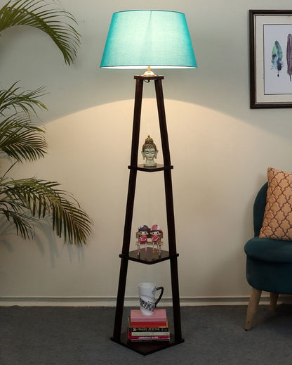 Three Tier Shelf Mango Wood Base Floor Lamp with Cotton Shade | Bulb Not Included | 14 x 14 x 60 inches