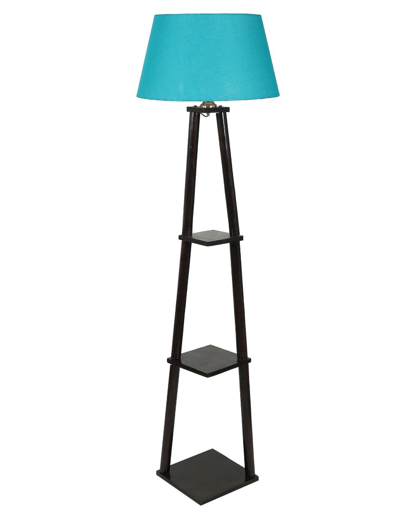 Three Tier Shelf Mango Wood Base Floor Lamp with Cotton Shade | Bulb Not Included | 14 x 14 x 60 inches