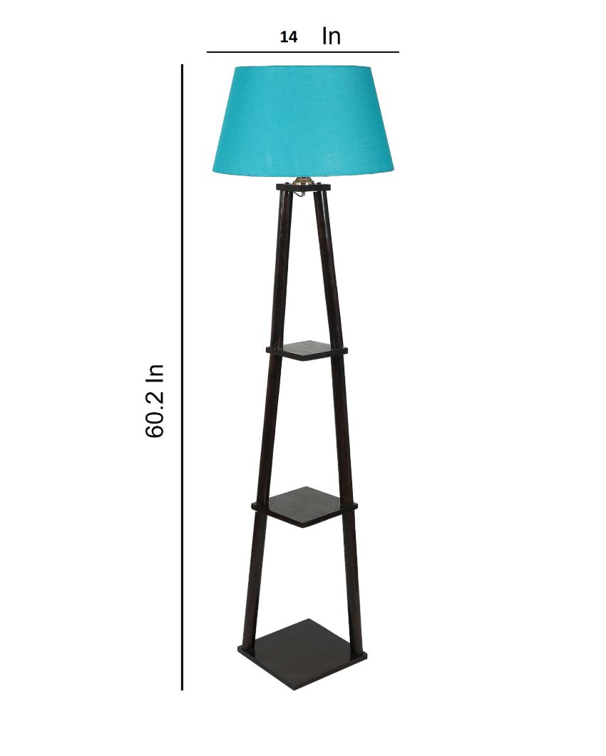 Three Tier Shelf Mango Wood Base Floor Lamp with Cotton Shade | Bulb Not Included | 14 x 14 x 60 inches