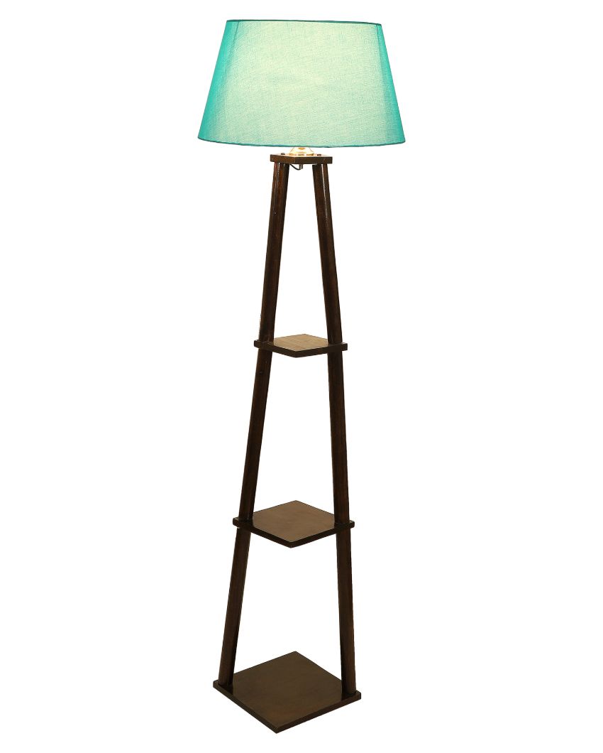 Three Tier Shelf Mango Wood Base Floor Lamp with Cotton Shade | Bulb Not Included | 14 x 14 x 60 inches