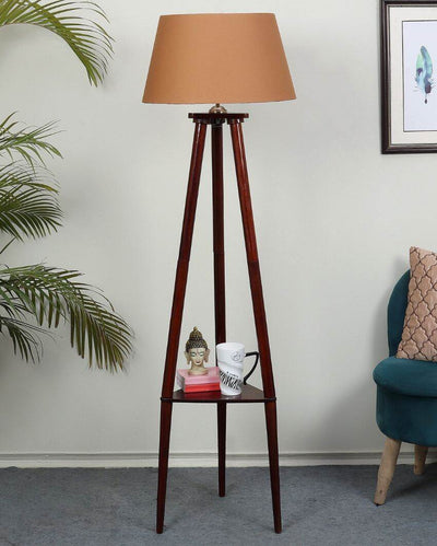 Three Long Legs Design Floor Lamp with Mango Wood Base & Brown Cotton Shade | Bulb Not Included | 14 x 14 x 60 inches