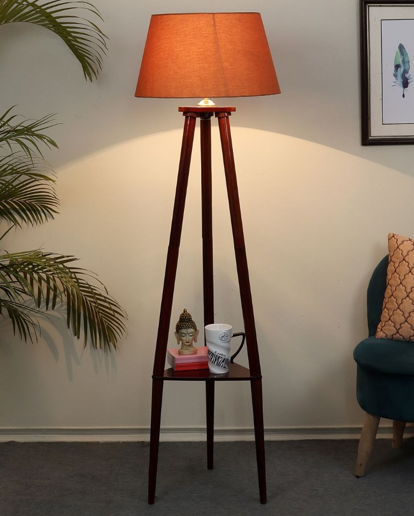 Three Long Legs Design Floor Lamp with Mango Wood Base & Brown Cotton Shade | Bulb Not Included | 14 x 14 x 60 inches