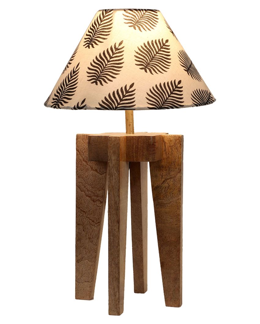 Four Legs Leafs Printed Mango Wood Table Lamp with Cotton Shade | Bulb Not Included | 8 x 8 x 18 inches